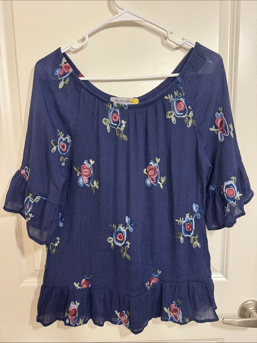 Navy Floral Embroidered Ruffle-Sleeve Blouse
